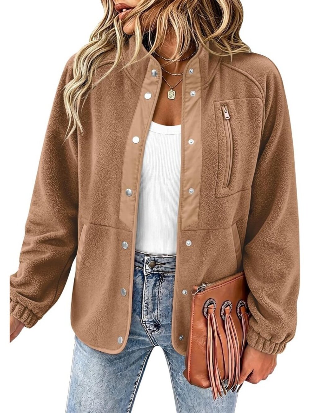 Women's Brown Fleece Jacket Western Aztec Print Snap Button Down Outerwear